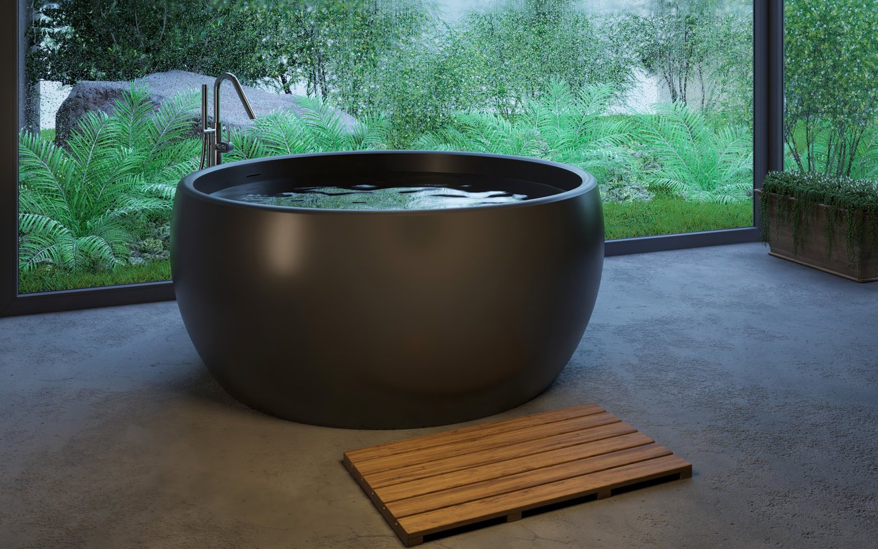 Aura Mini Black Round Freestanding Solid Surface Bathtub