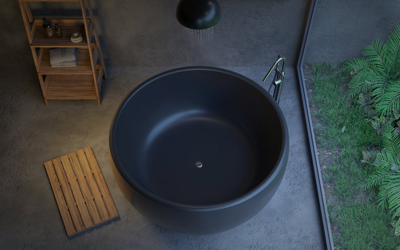 Aura Mini Black Round Freestanding Solid Surface Bathtub