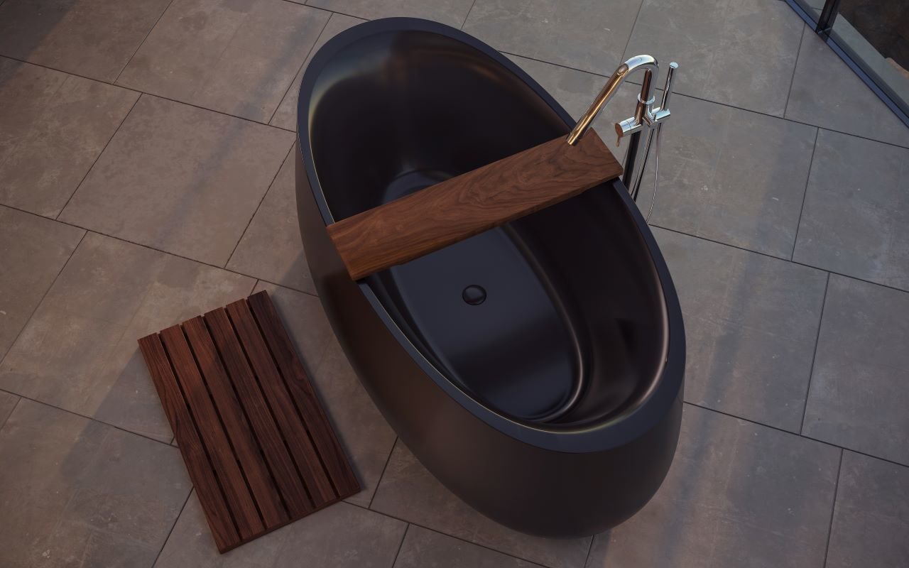 Aquatica Leah Matte Black Freestanding Soaking Solid Surface Bathtub